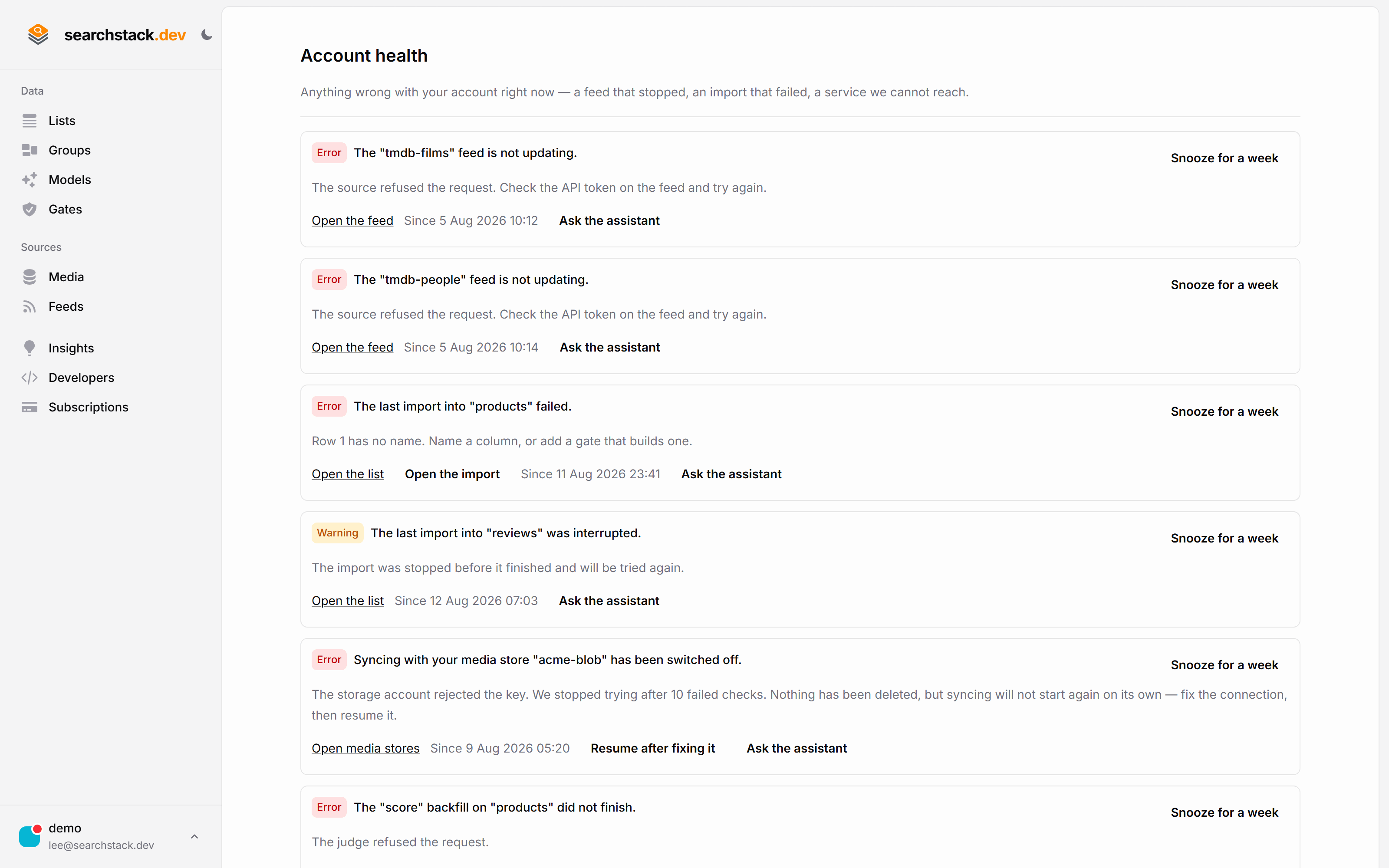 The Account health page listing real failures