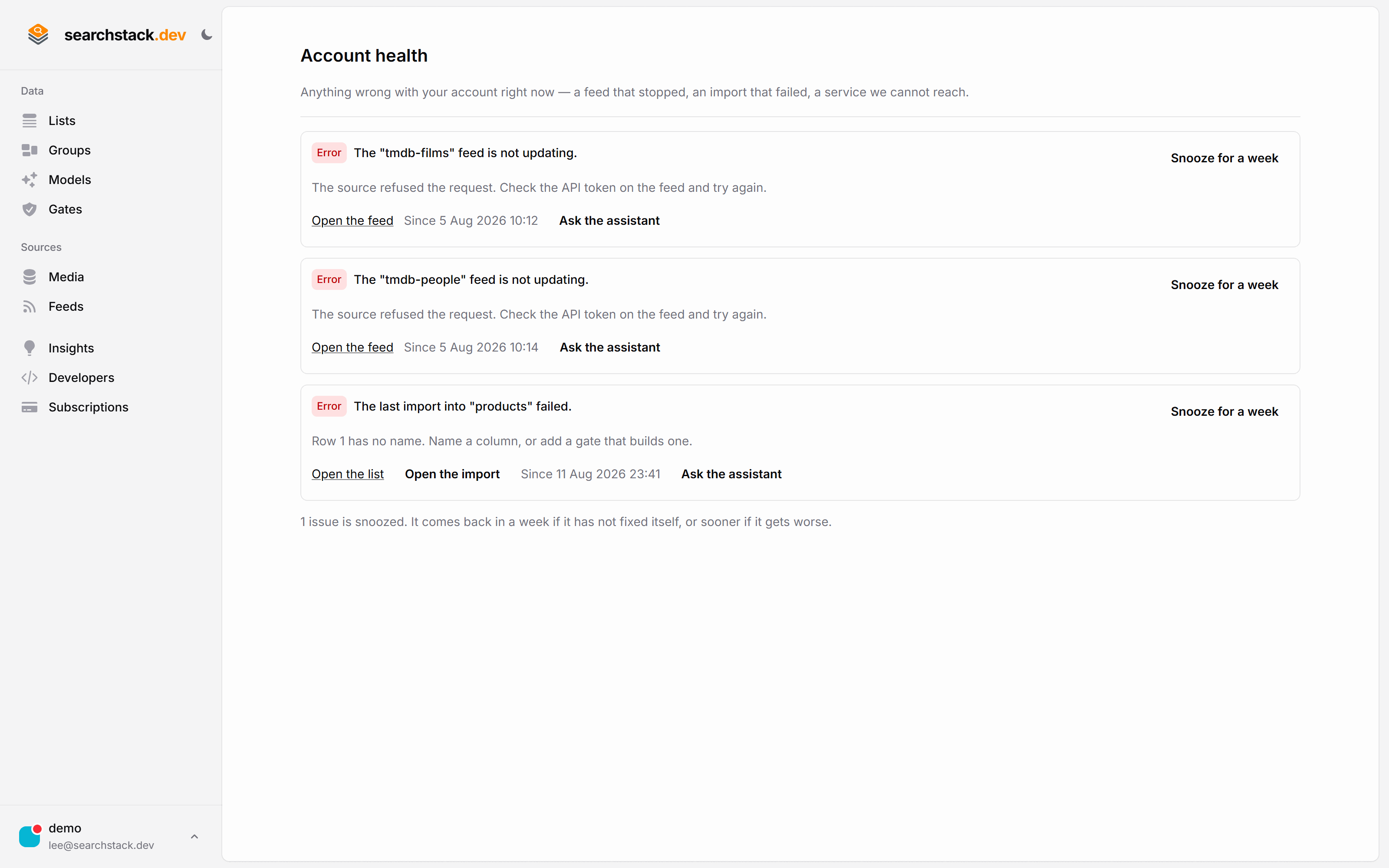 Snoozing an account health alert for a week
