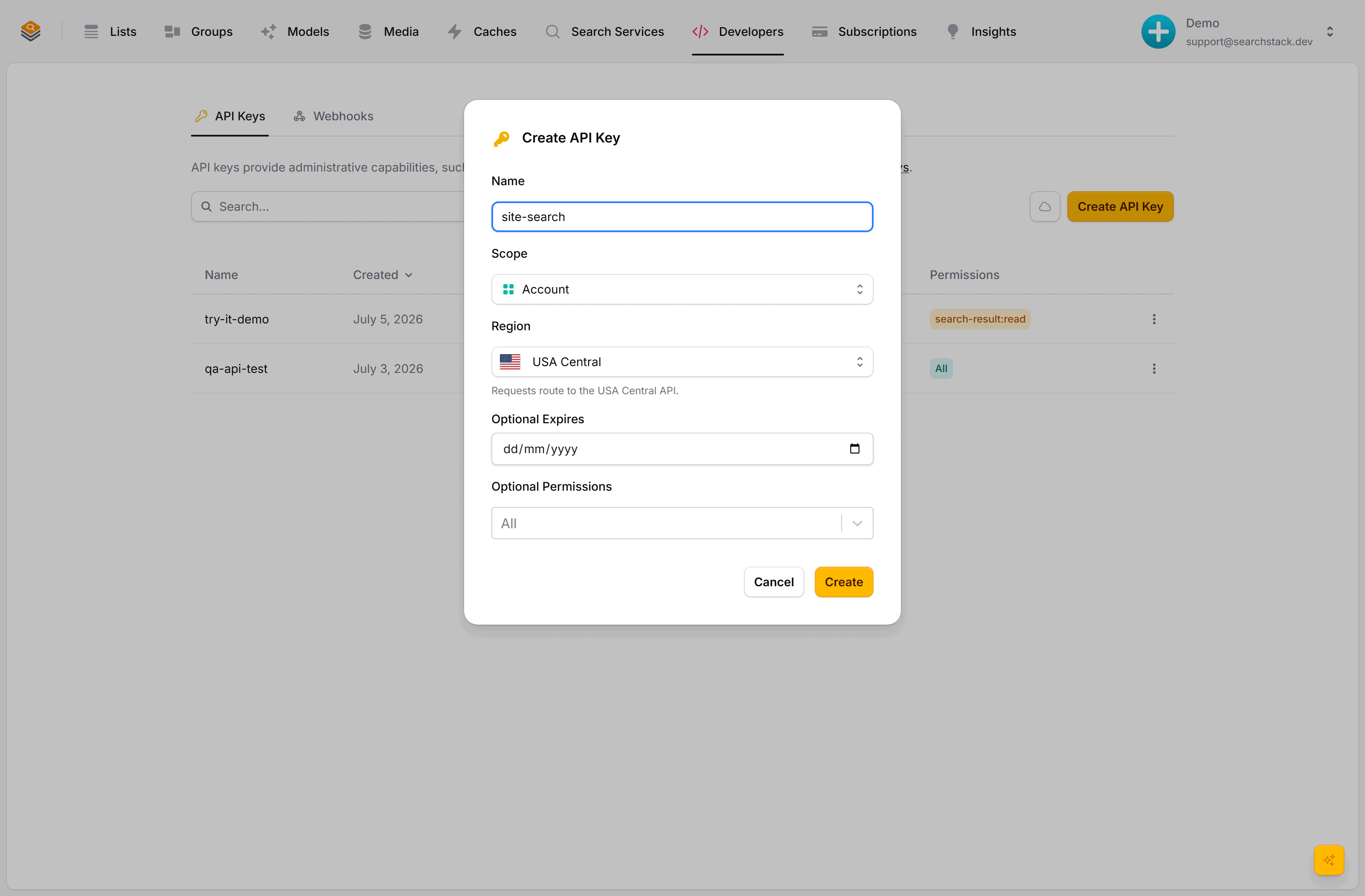 The Create API Key dialog showing the name, the Scope listbox, the Region dropdown, optional expiry and permissions