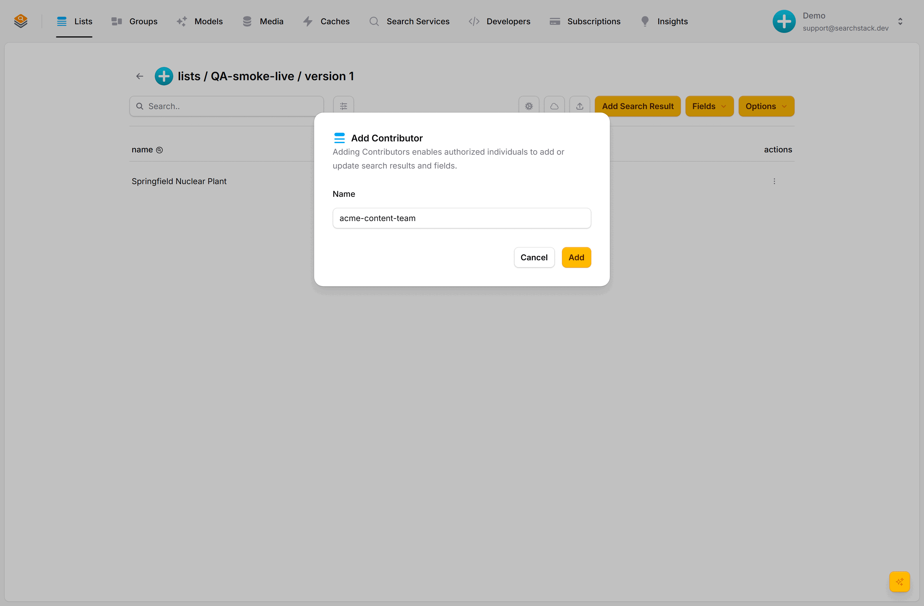 The Add Contributor dialog with an account-name field