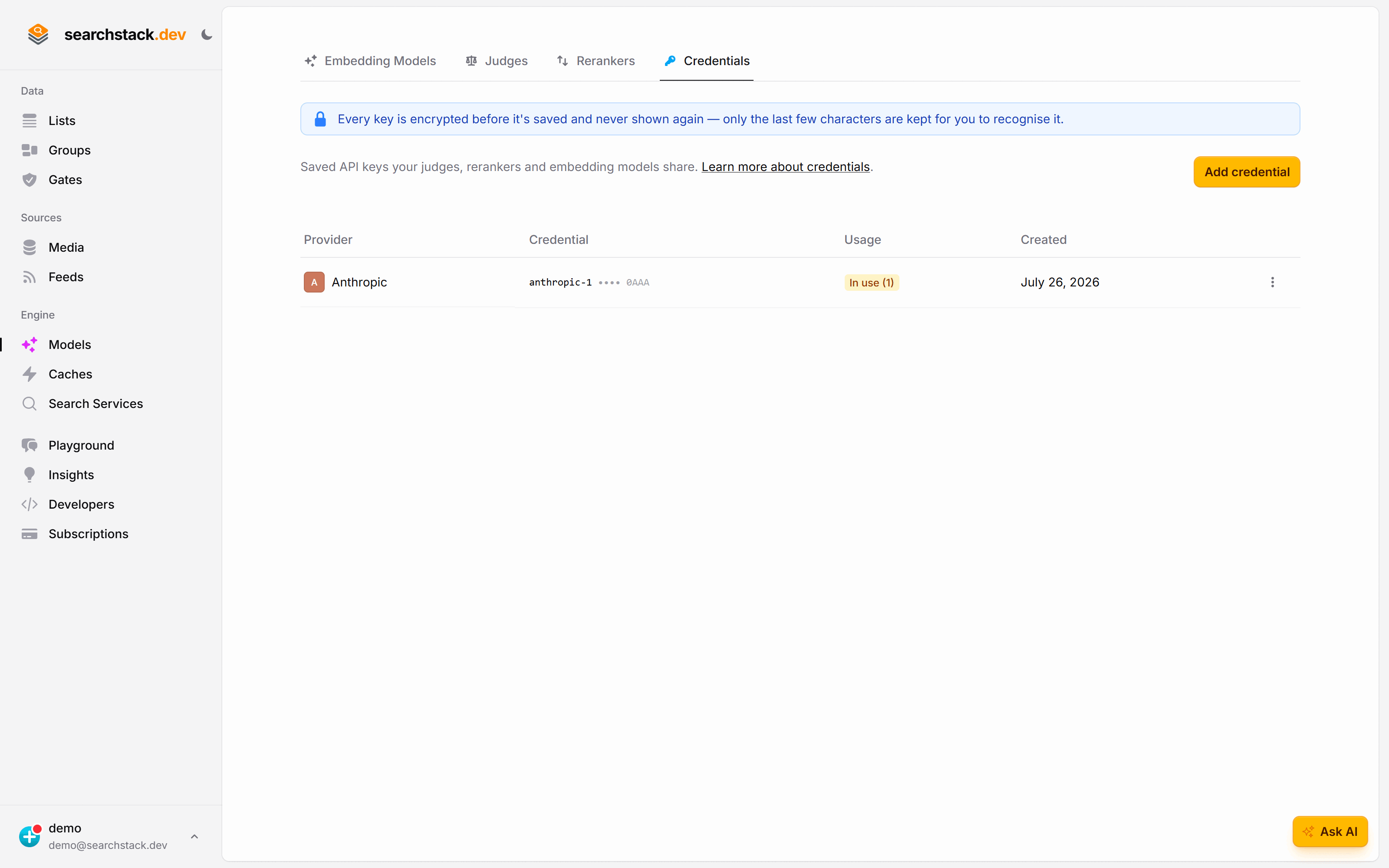 The Credentials tab listing a saved provider key with its usage count