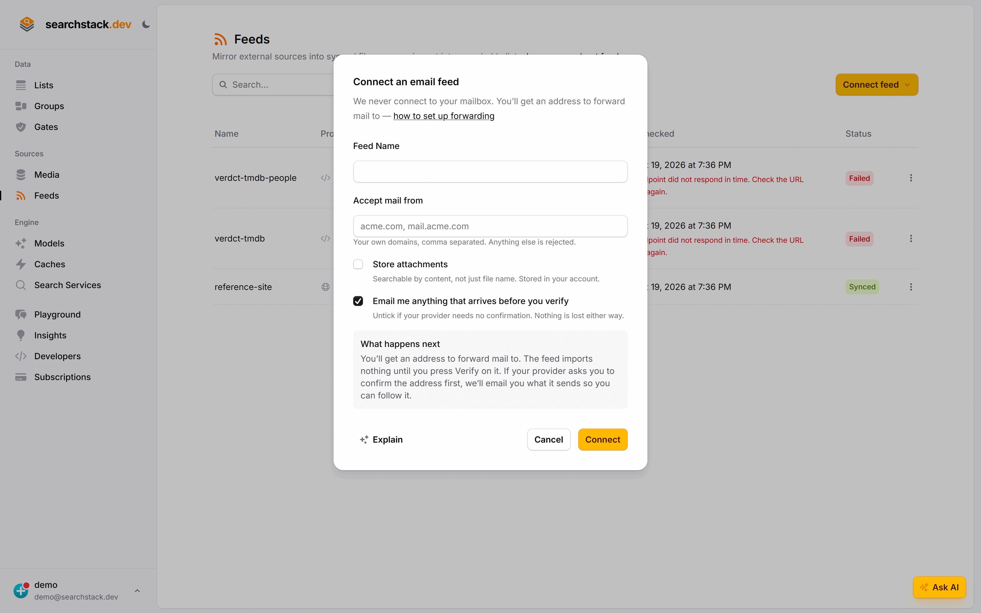 The Connect an email feed dialog