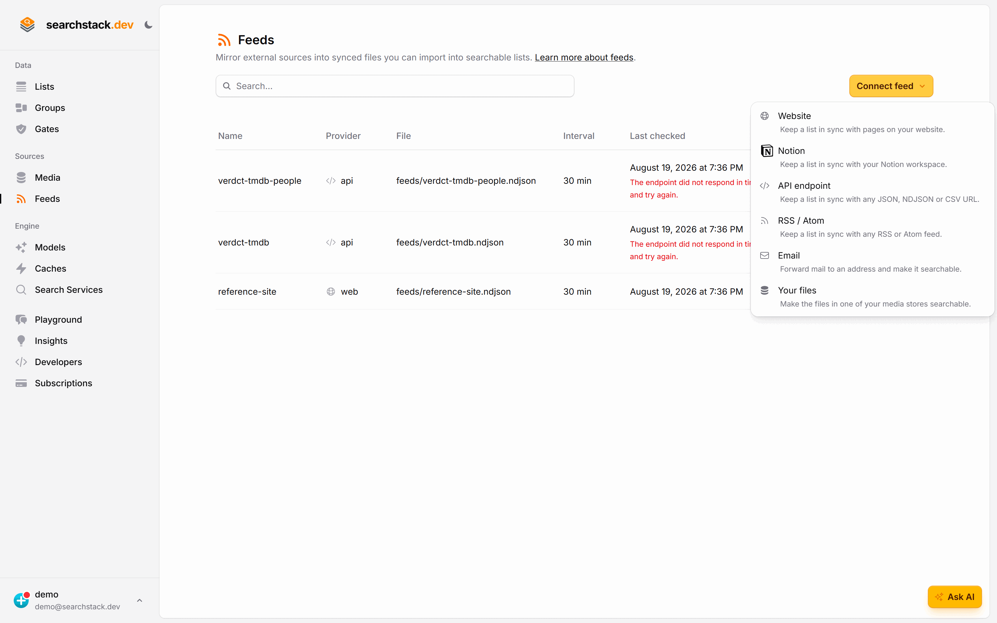 The Connect feed menu listing website, Notion, API endpoint, RSS, email and your files