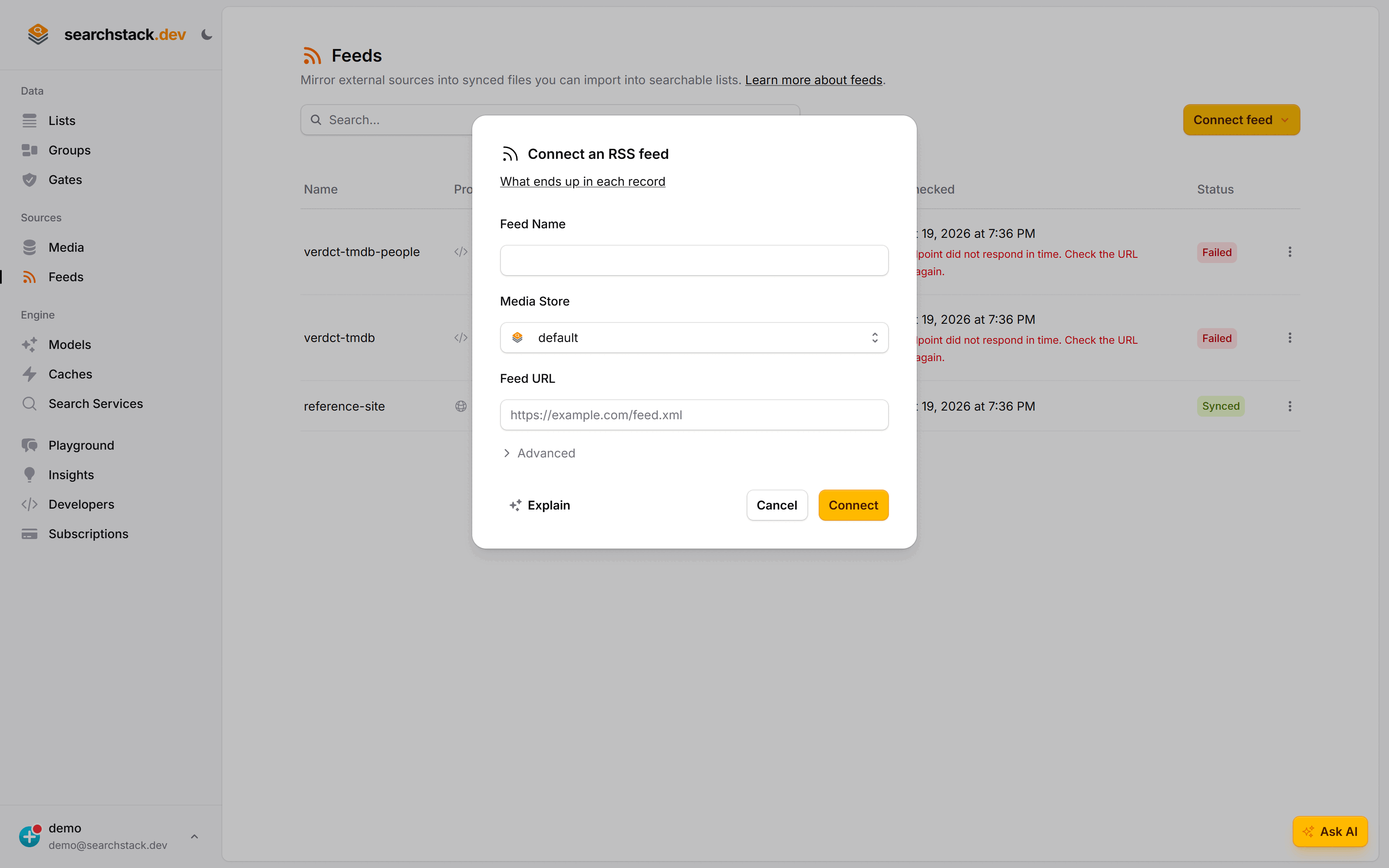 The Connect an RSS feed dialog