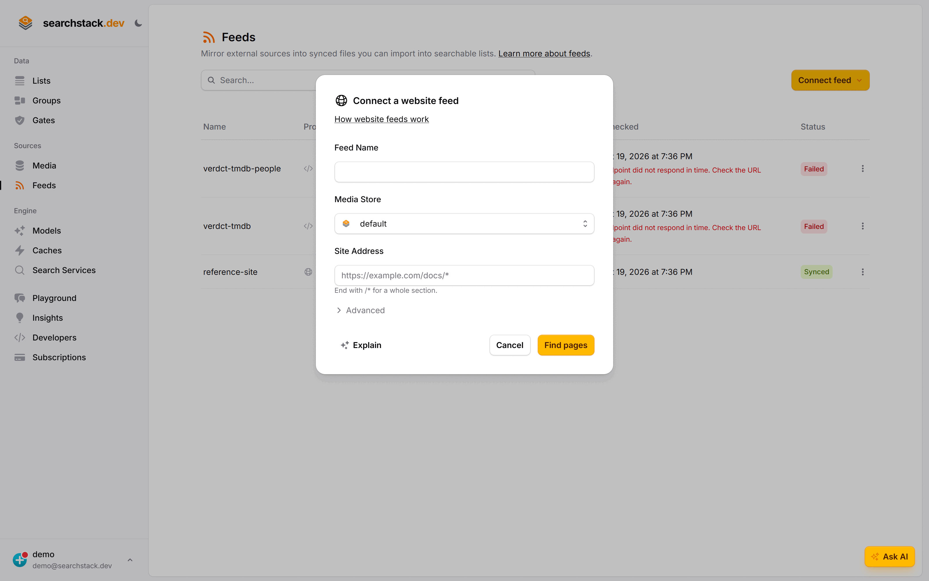 The Connect a website feed dialog