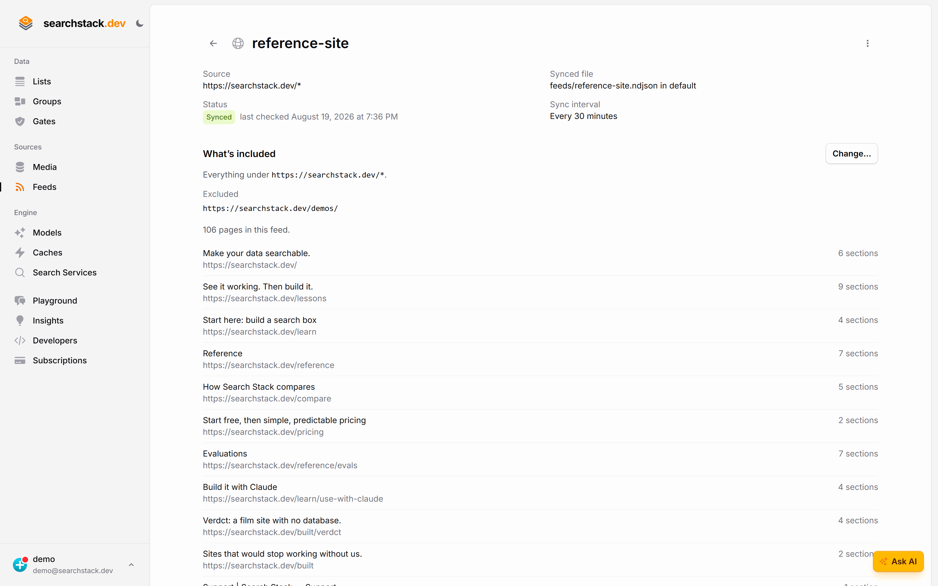 A connected website feed's detail page