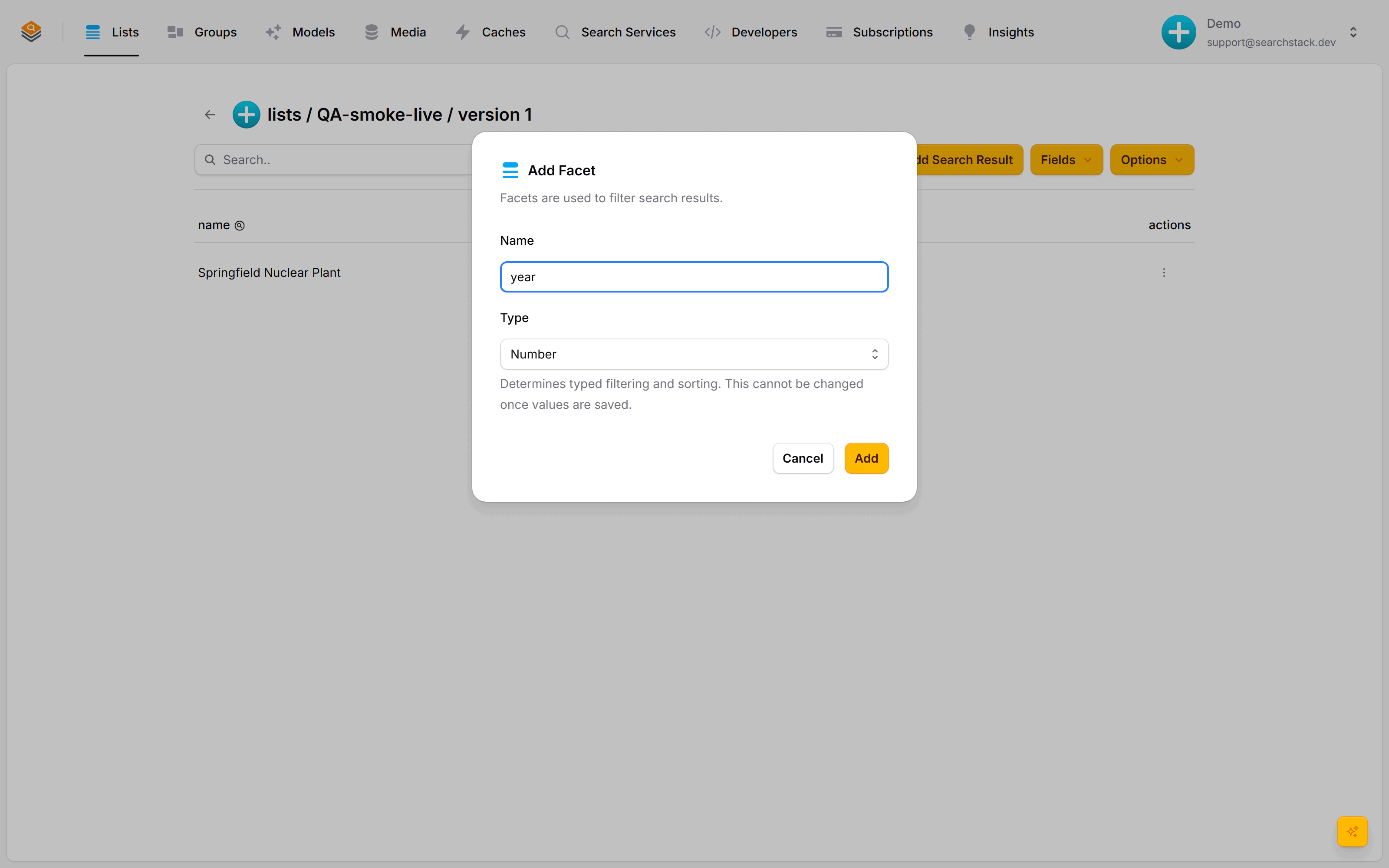 The Add Facet dialog with the name year and type Number
