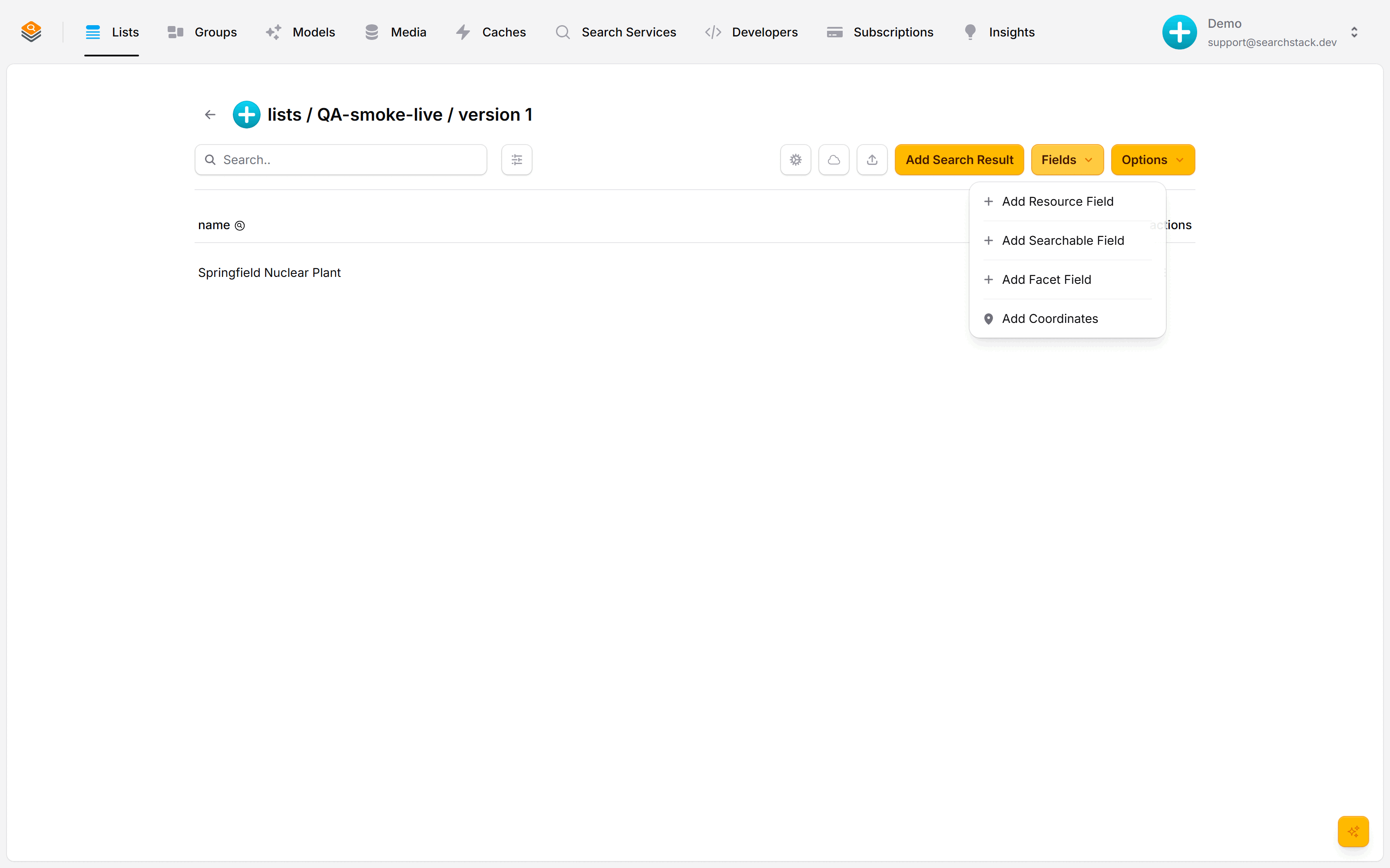 The Fields menu on a list, showing Add Resource, Searchable, Facet and Coordinates
