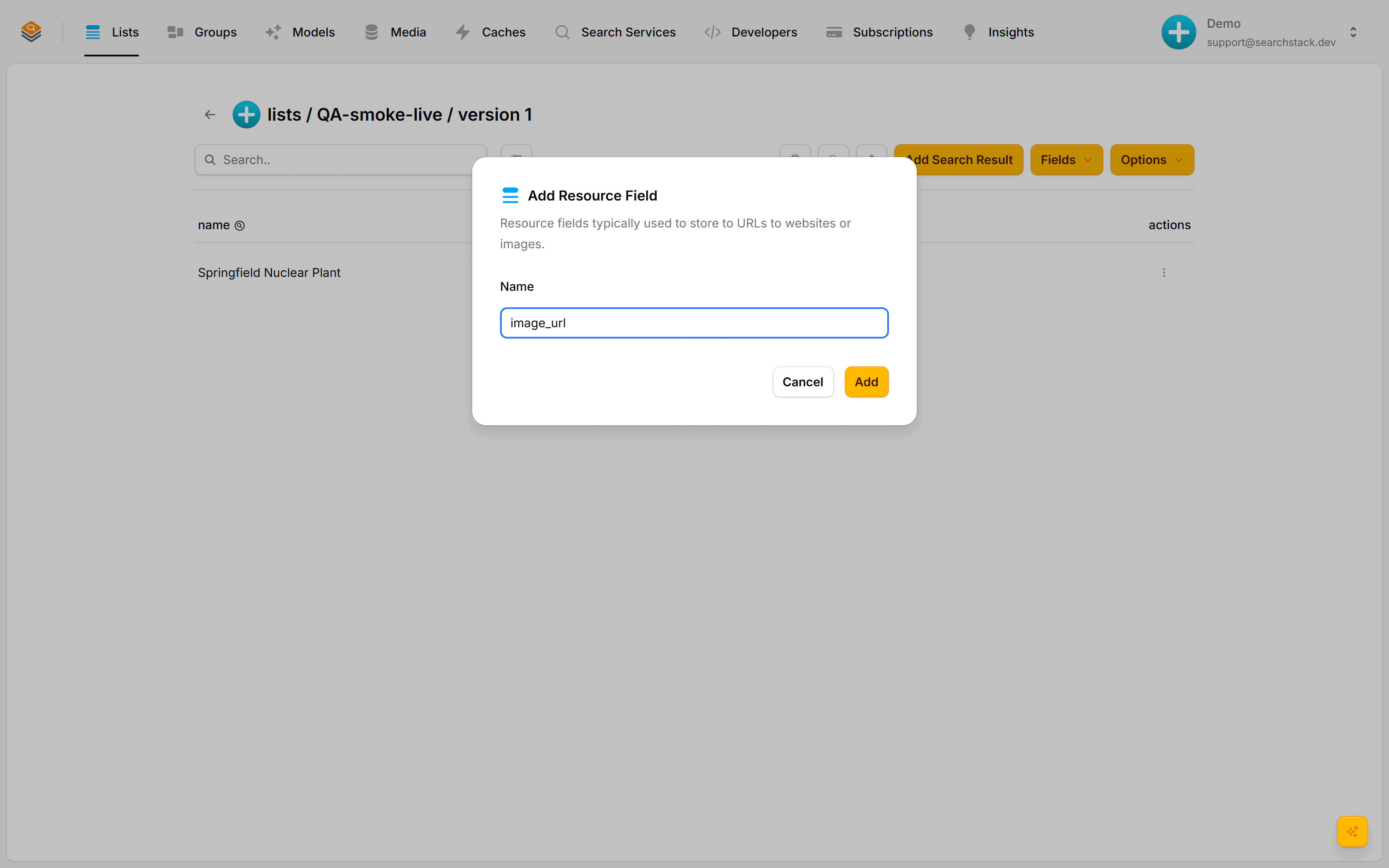 The Add Resource Field dialog with the name image_url