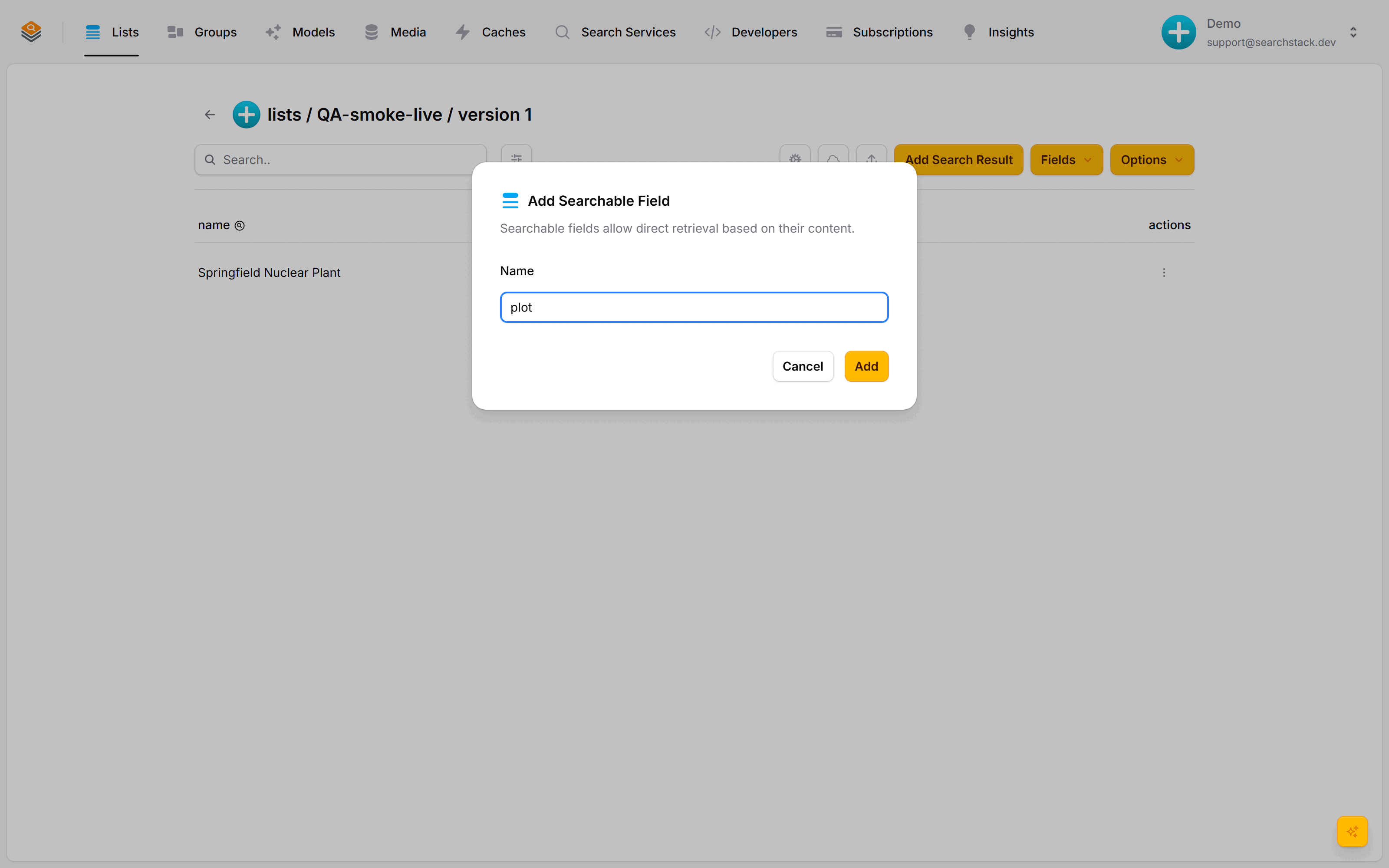 The Add Searchable Field dialog with the name plot