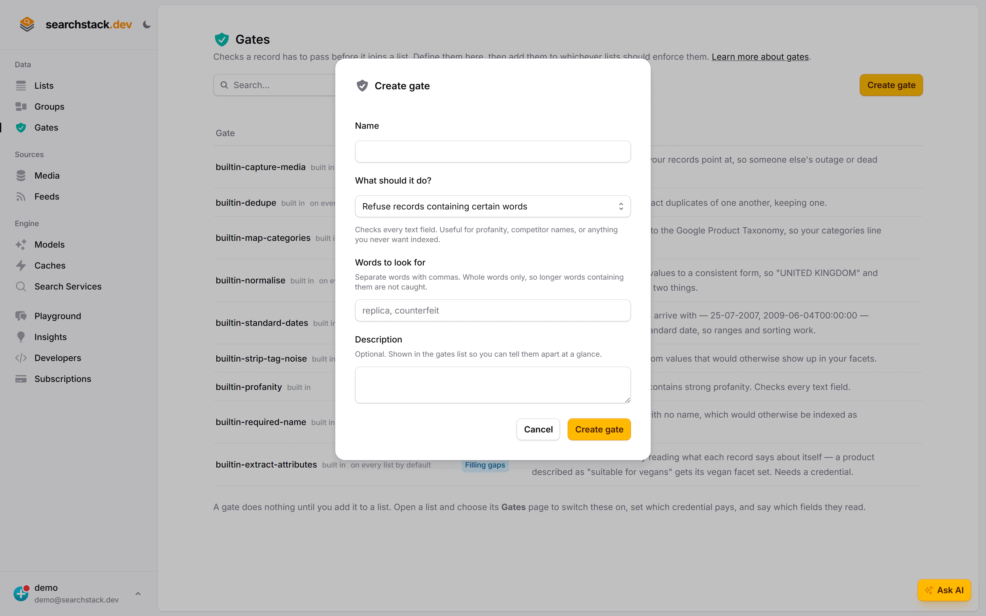 The Create gate dialog, choosing what the gate should do