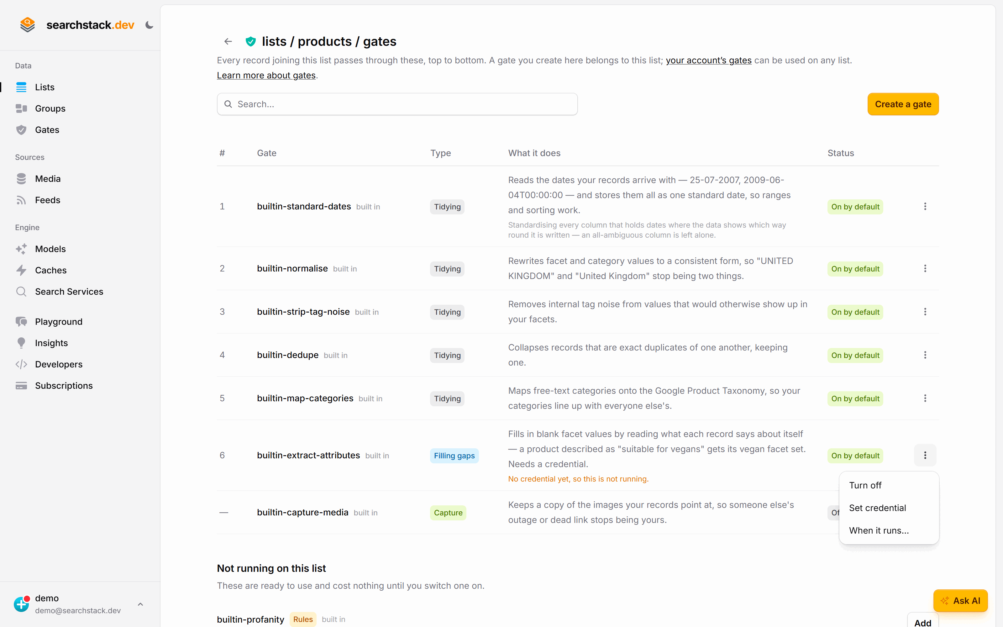 The gap-filling gate reporting that it has no credential, with its menu open