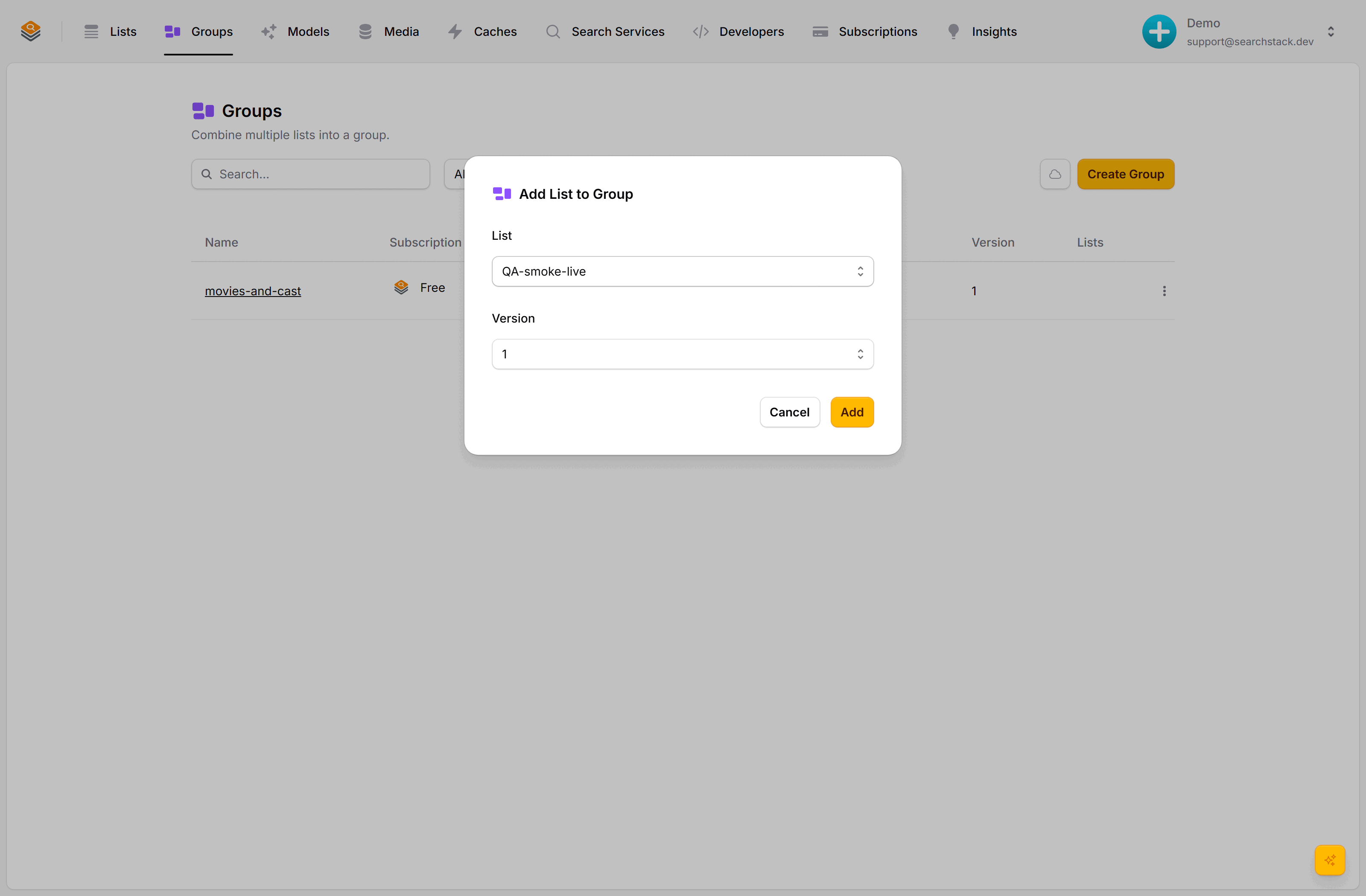 The Add List to Group dialog showing a List selector and a pinned Version selector