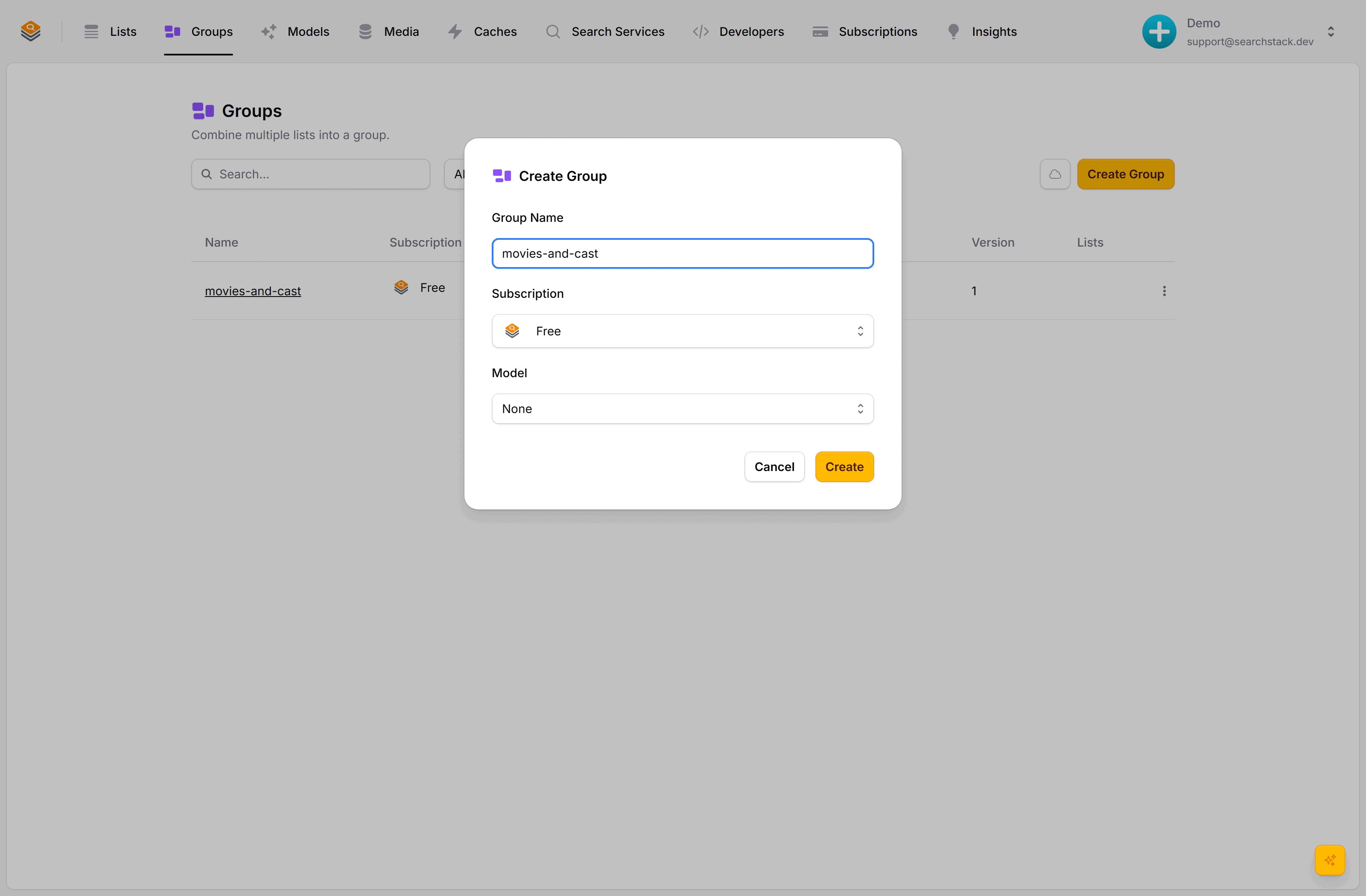 The Create Group dialog showing Group Name, Subscription and Model