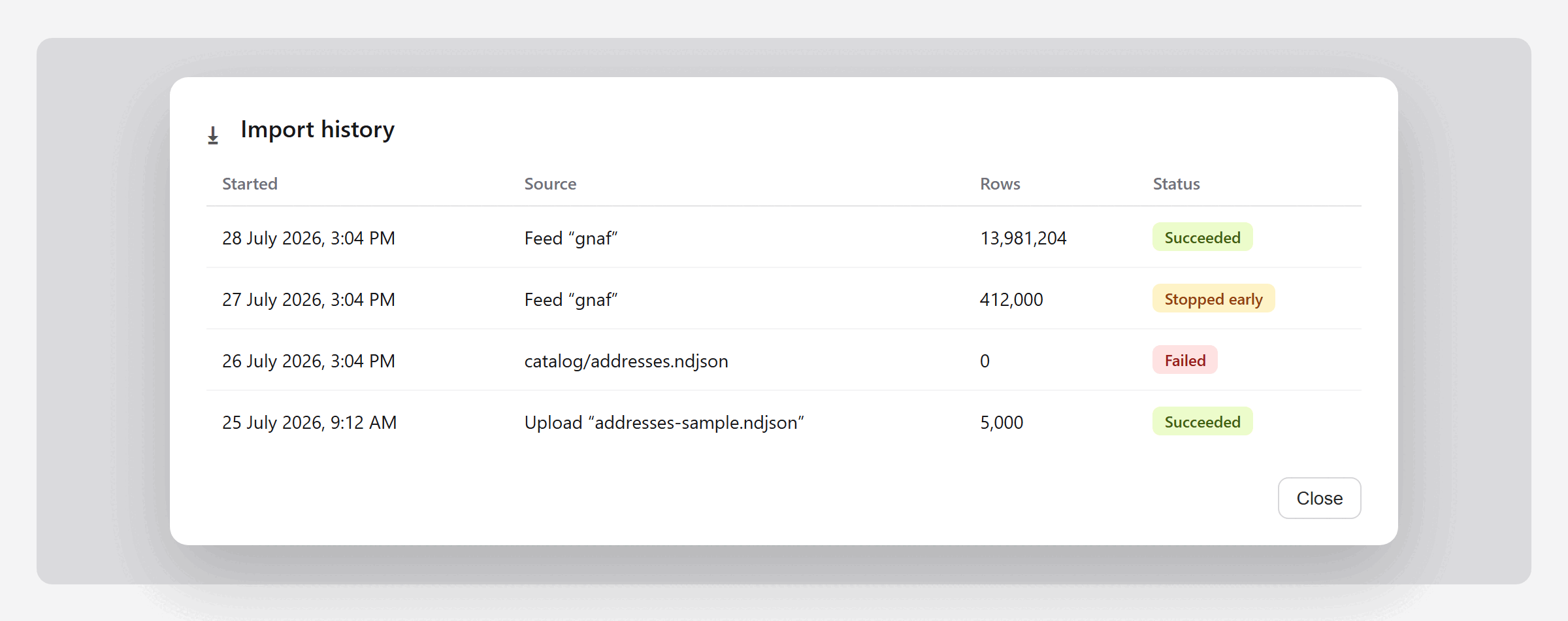 The Import history dialog listing four runs with their sources, row counts and statuses