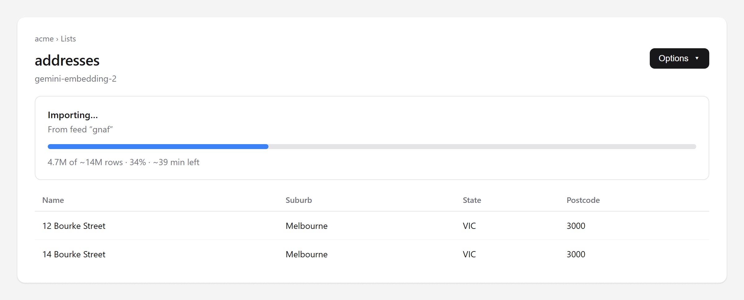 A list page showing an import in progress: a bar at 34% with 4.7M of ~14M rows and about 39 minutes left
