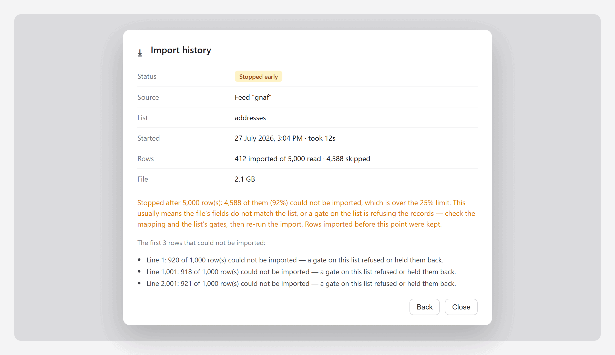An import run marked Stopped early, explaining that 92% of rows could not be imported and that earlier rows were kept