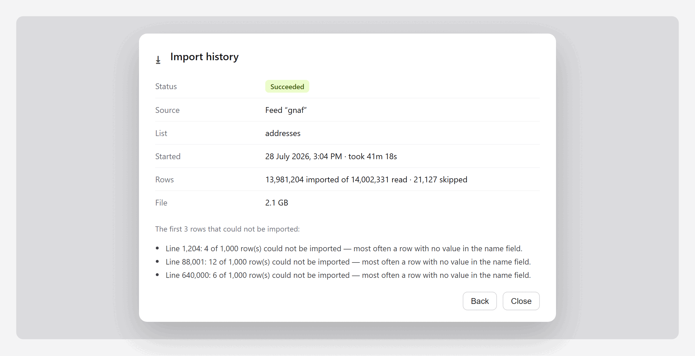 One import run: succeeded, 13,981,204 imported of 14,002,331 read, with the first affected line numbers