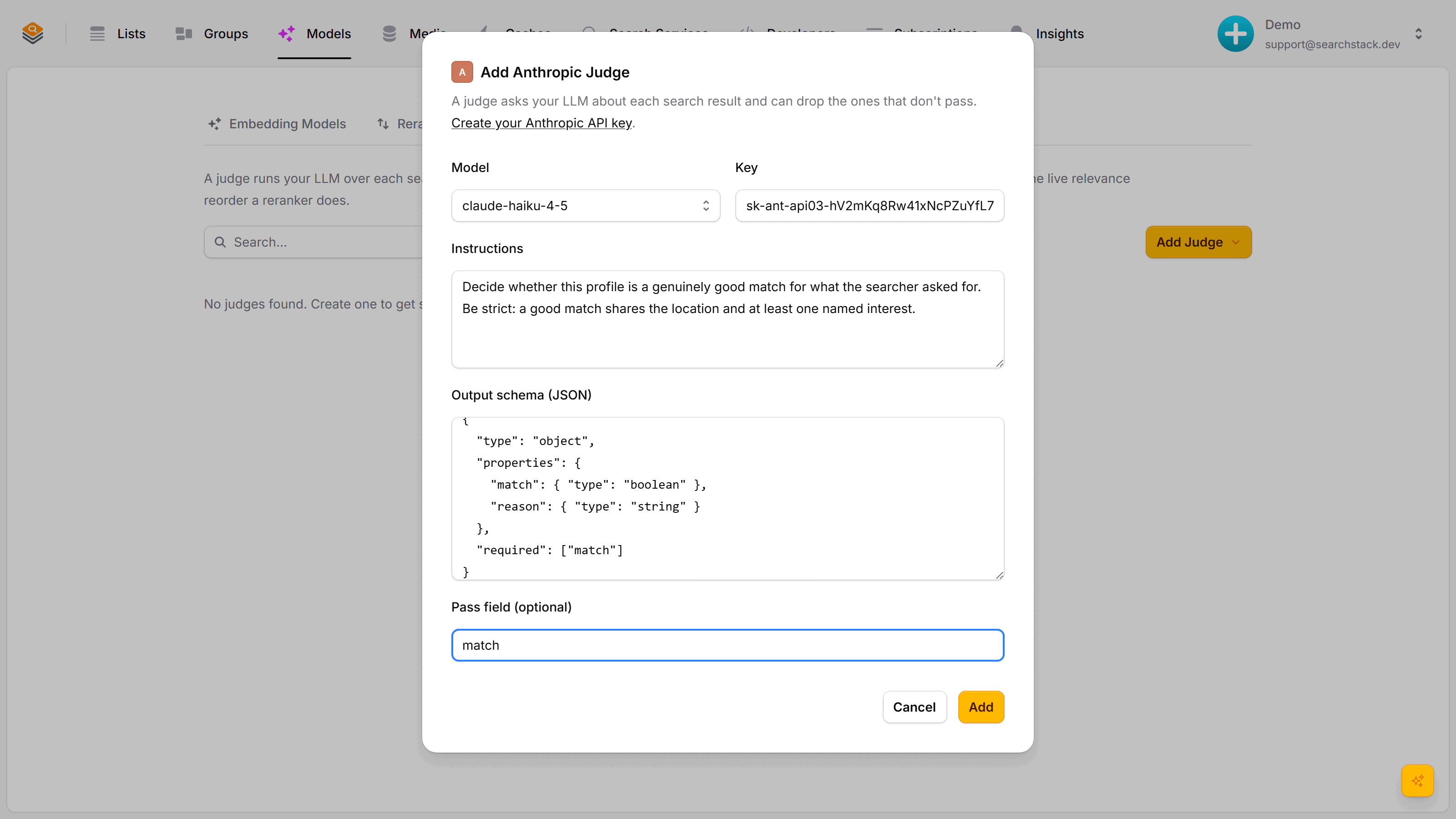 The Add instructions dialog with the prompt, output schema and pass field filled in