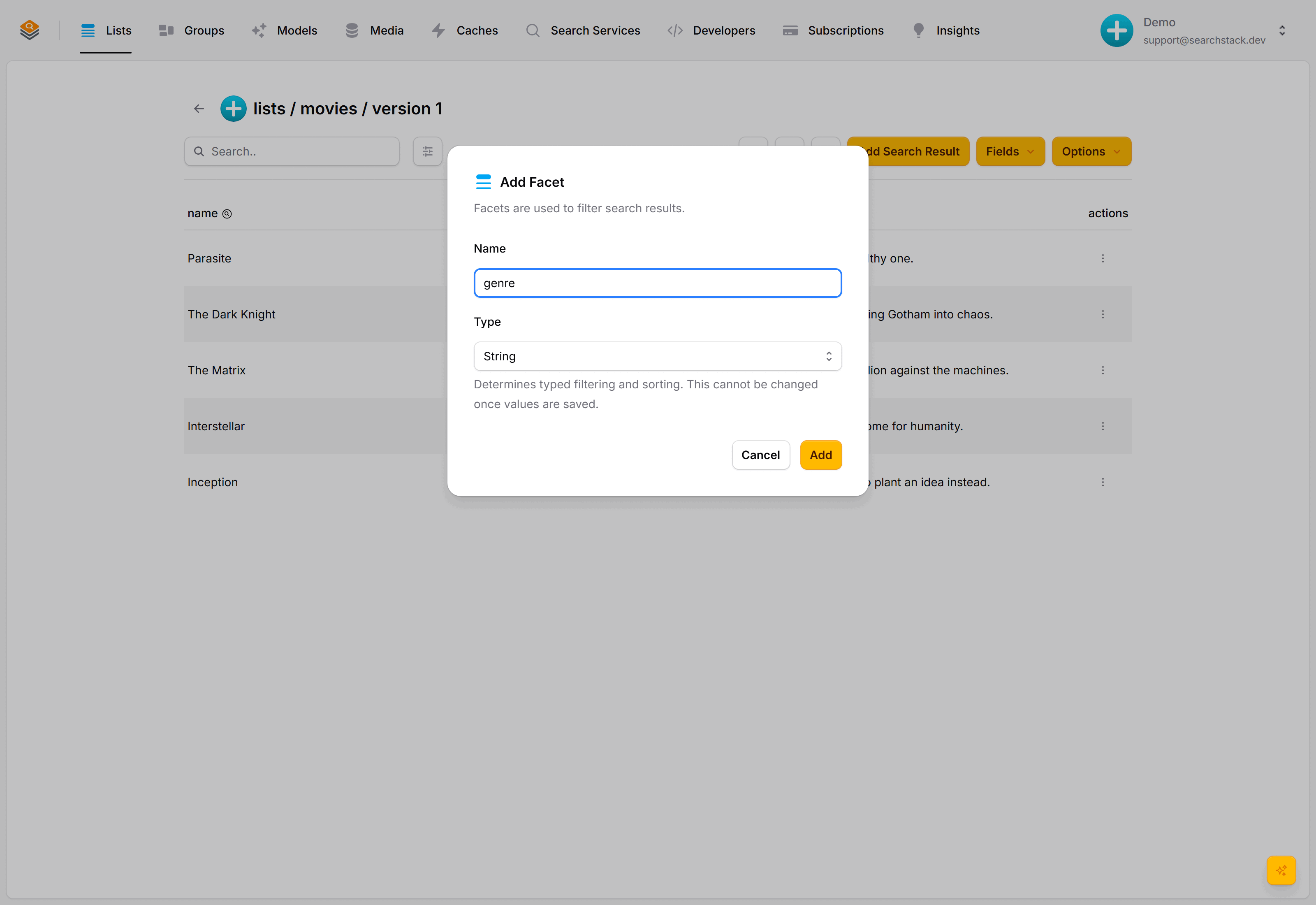 The Add Facet dialog with name 'genre' and type String