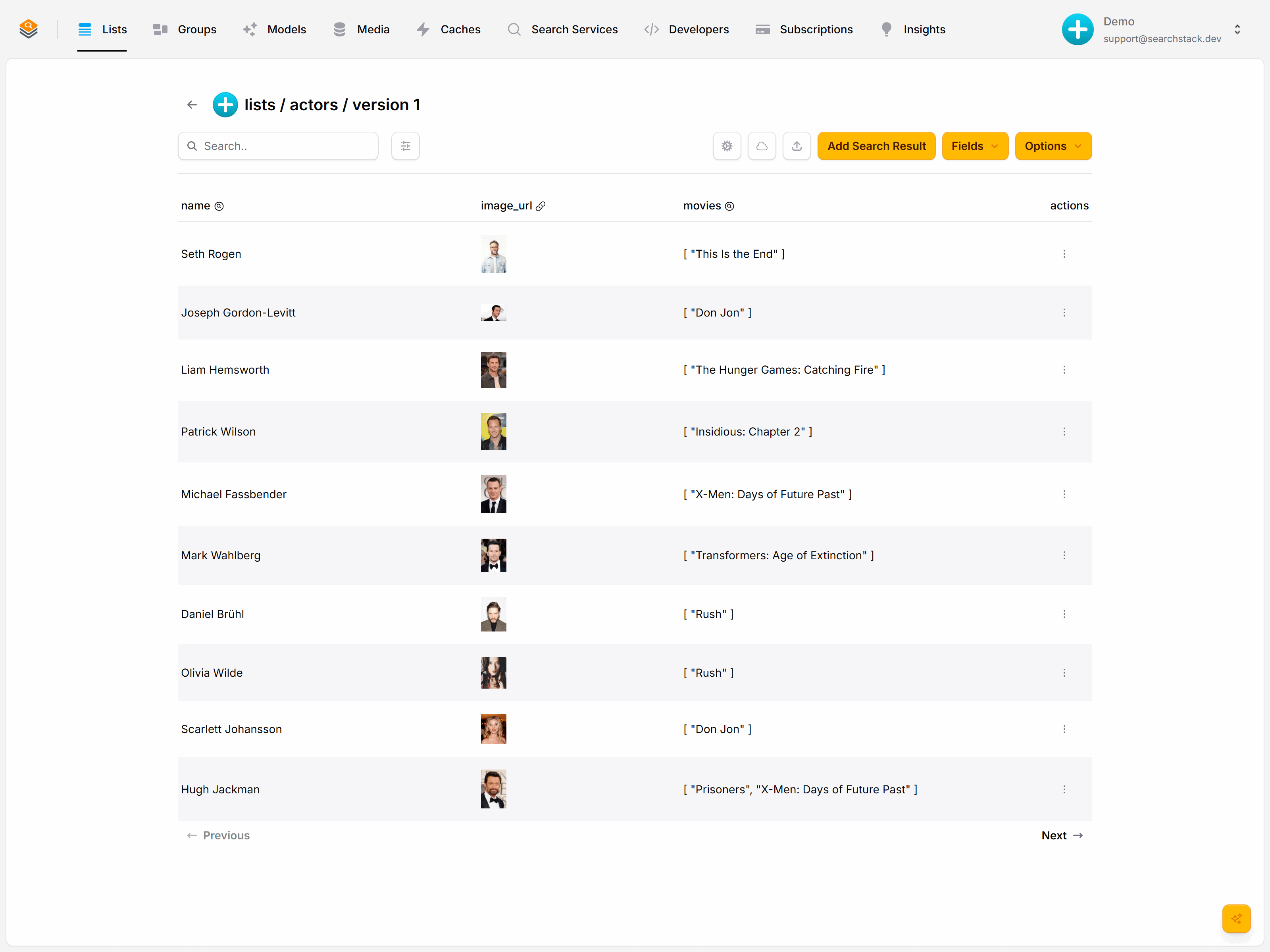 The imported actors list showing name, image_url and movies columns with headshots