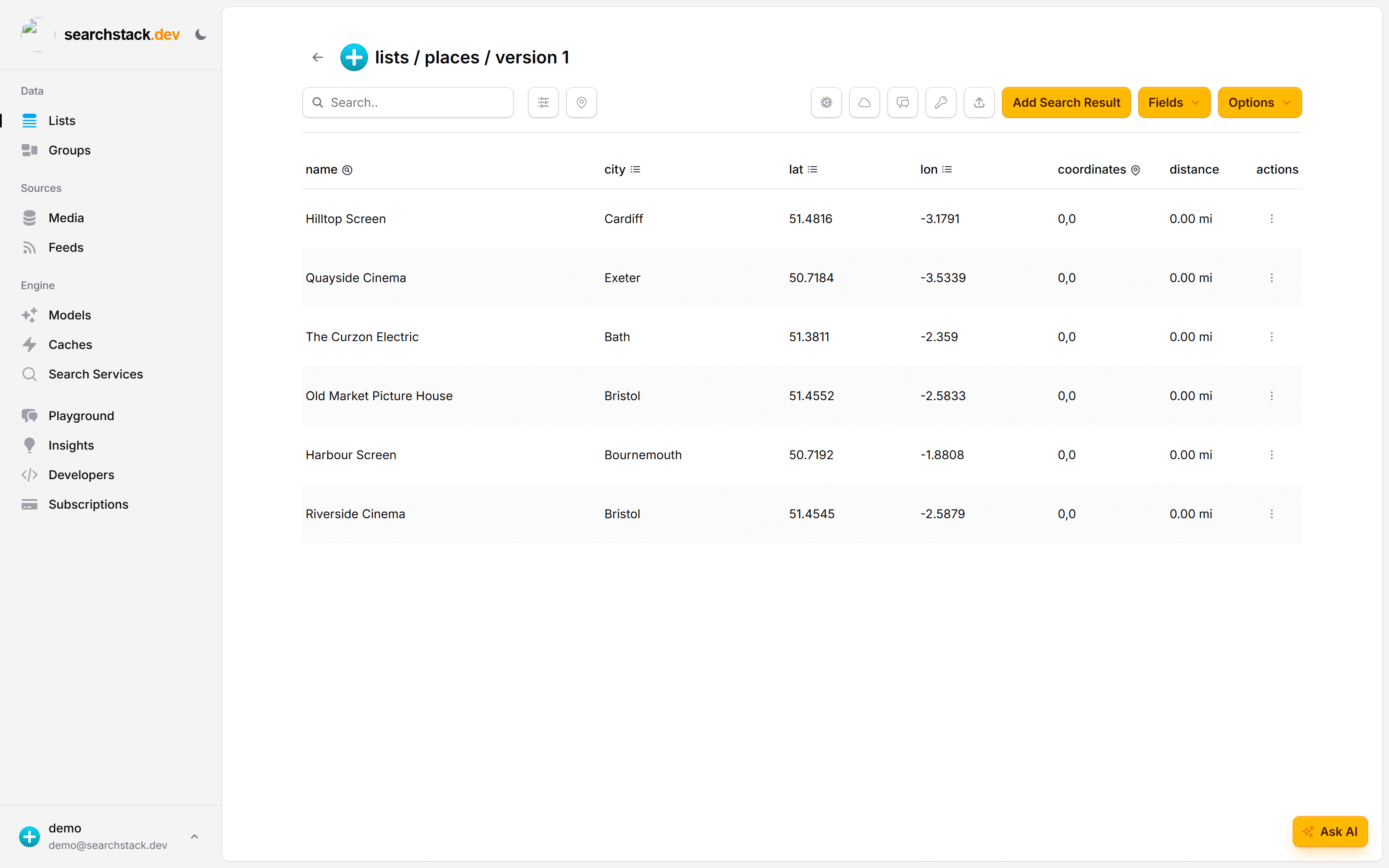 The places list after importing: name, city, lat and lon fields, plus the coordinates and distance columns Search Stack added automatically