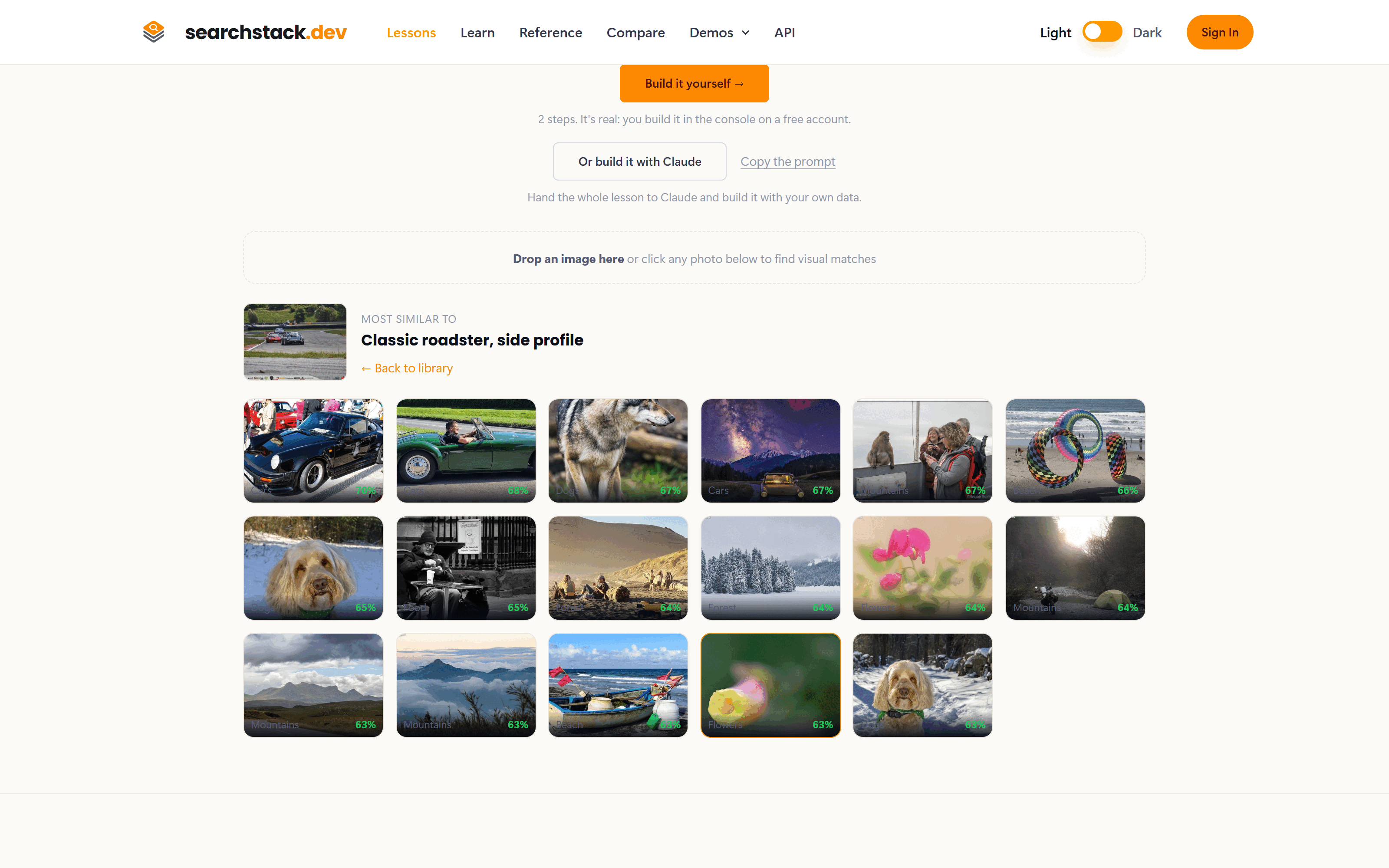 The photo search demo after clicking a photo of a classic car: the most visually similar photos come back first, cars at the top, each with a similarity percentage