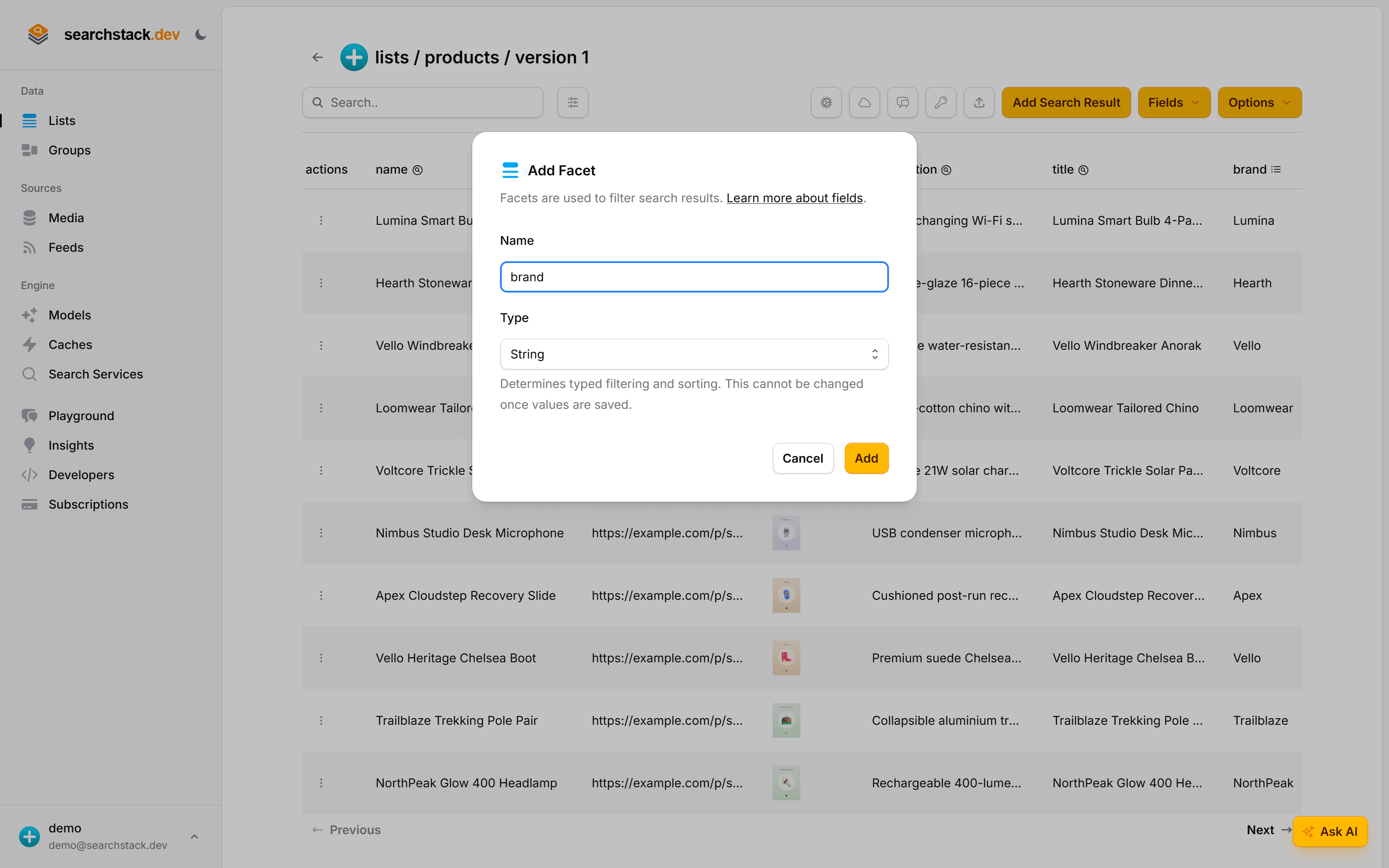 The Add Facet dialog on the products list: the name 'brand' entered and a type of String, Number, Date or Boolean to choose