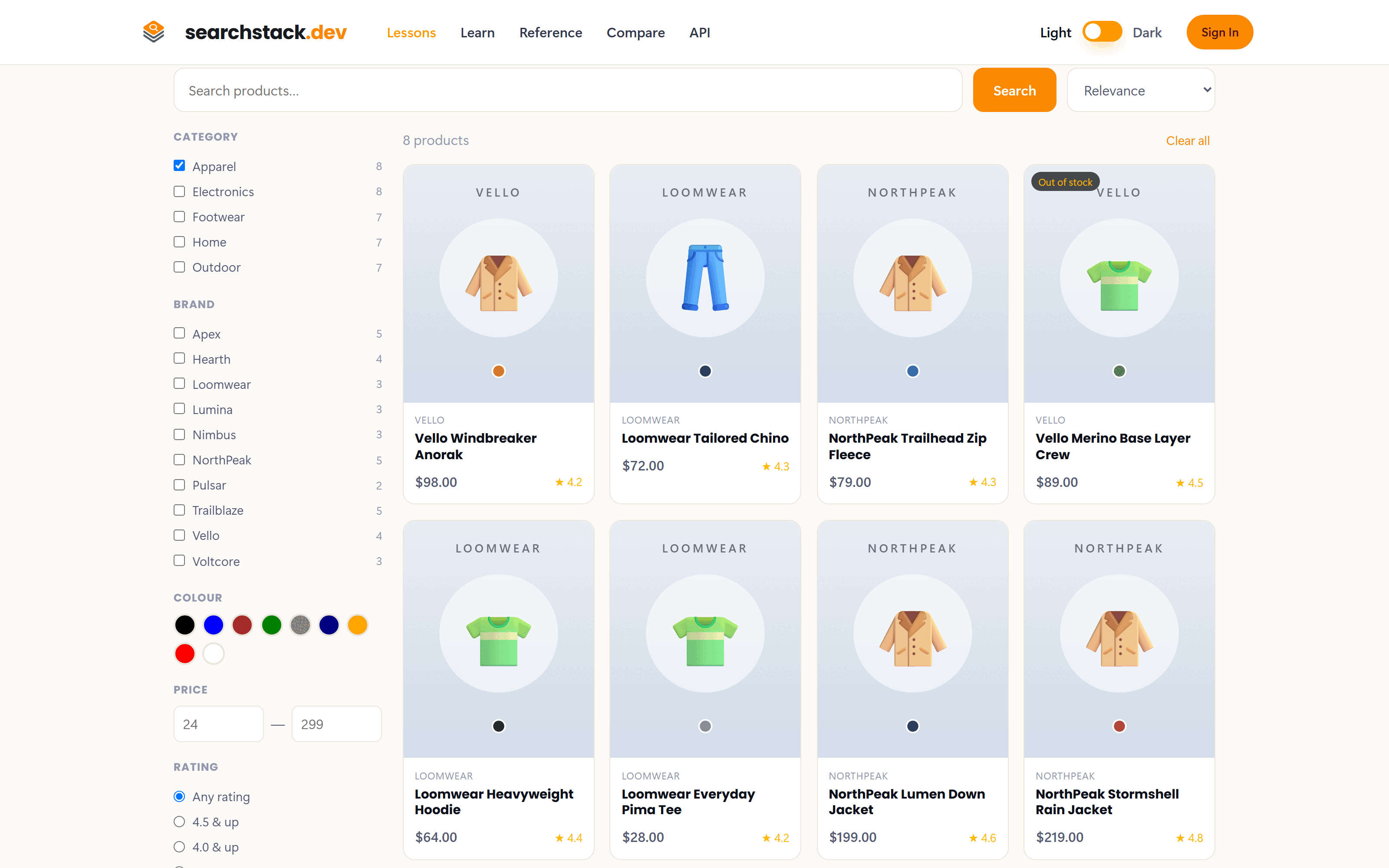 The storefront demo with Apparel ticked: 8 products in the grid, and every brand, category and rating option showing its live count