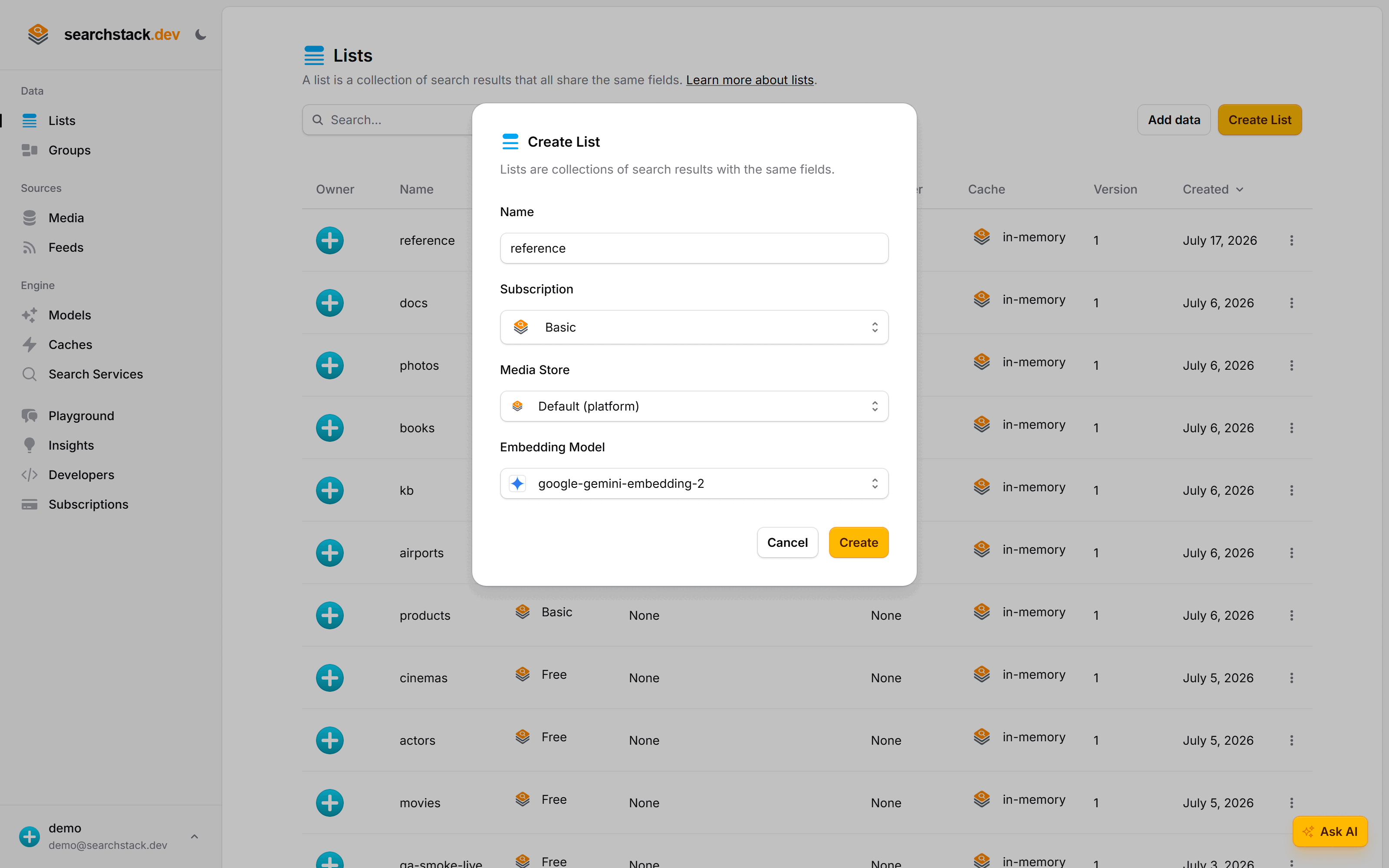 The Create List dialog with the name 'reference' entered and the google-gemini-embedding-2 embedding model selected