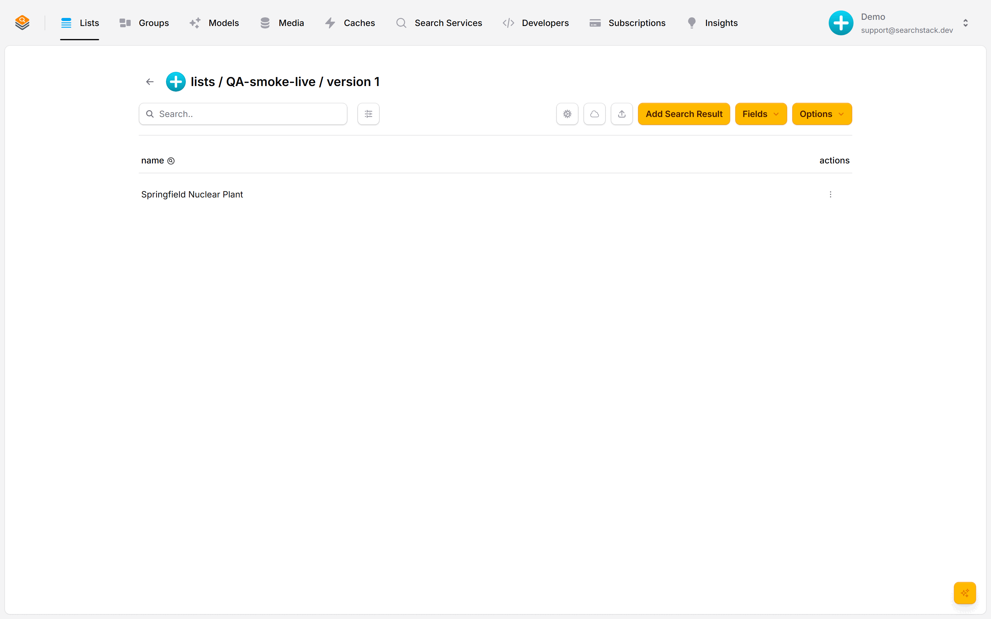 A list's detail page: records, the search box, and the Add Search Result, Fields and Options menus