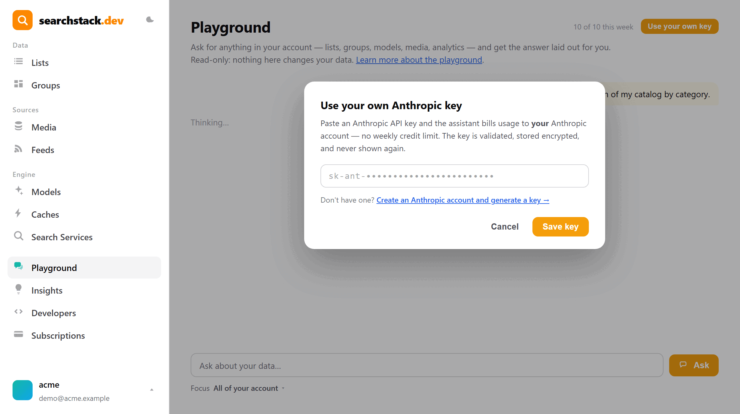 The &lsquo;Use your own Anthropic key&rsquo; dialog: an explanation that usage bills to your own Anthropic account with no weekly limit, a key field, and Cancel / Save key buttons