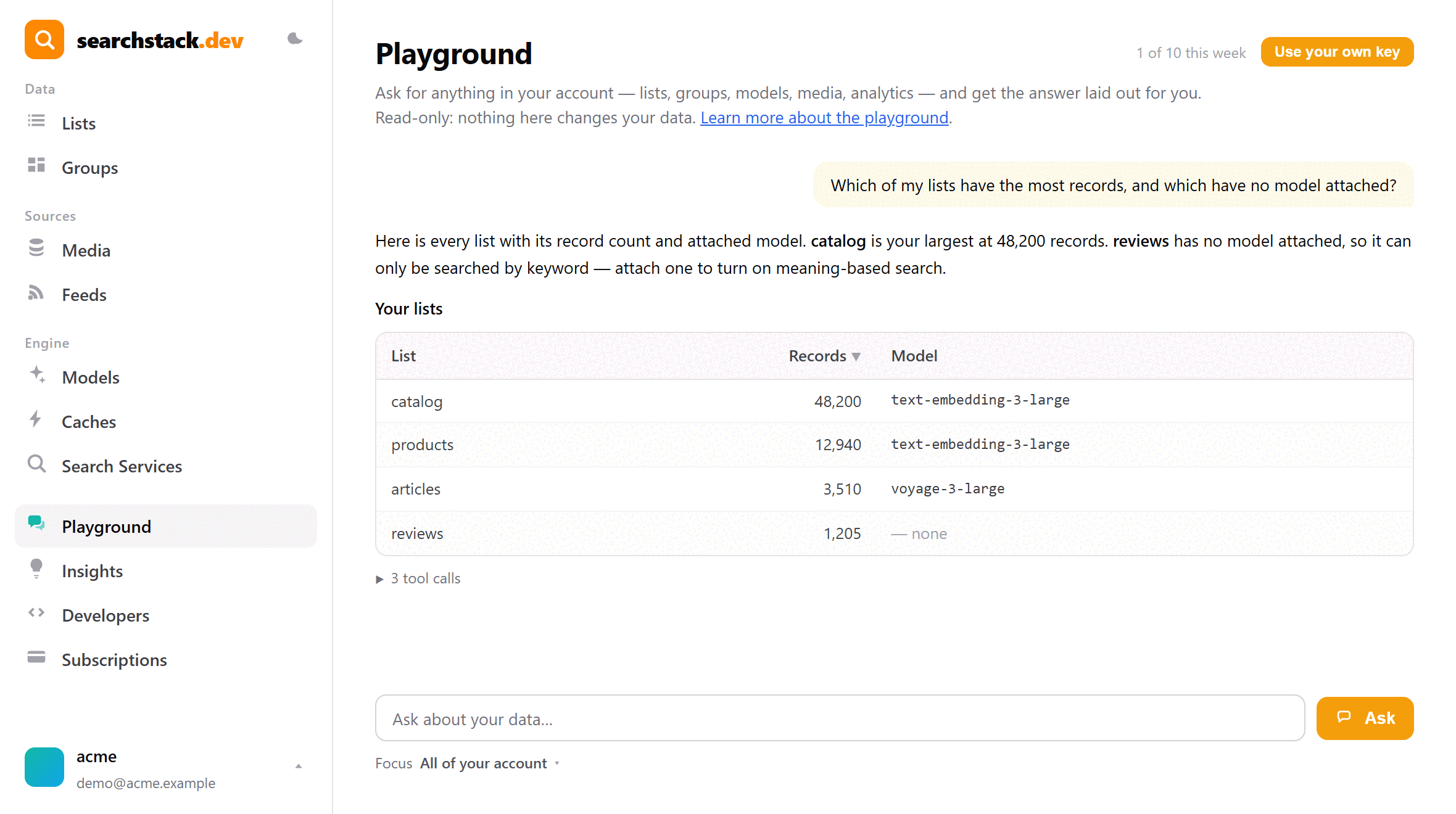 The Playground answering &lsquo;which of my lists have the most records, and which have no model attached?&rsquo; with a sortable table of lists, record counts and models, and a collapsed three-tool-calls trace