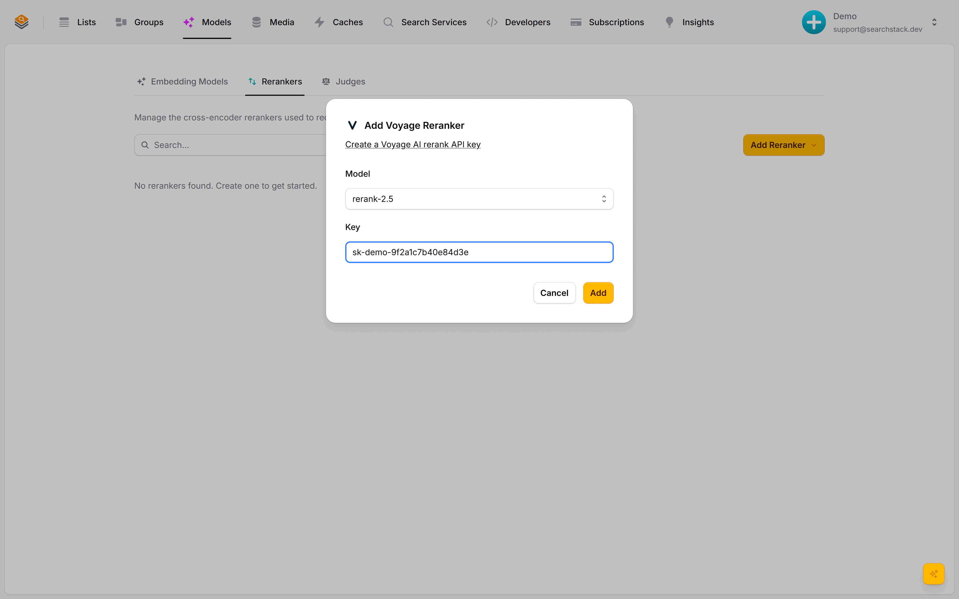The Add Voyage Reranker dialog with a model and API key
