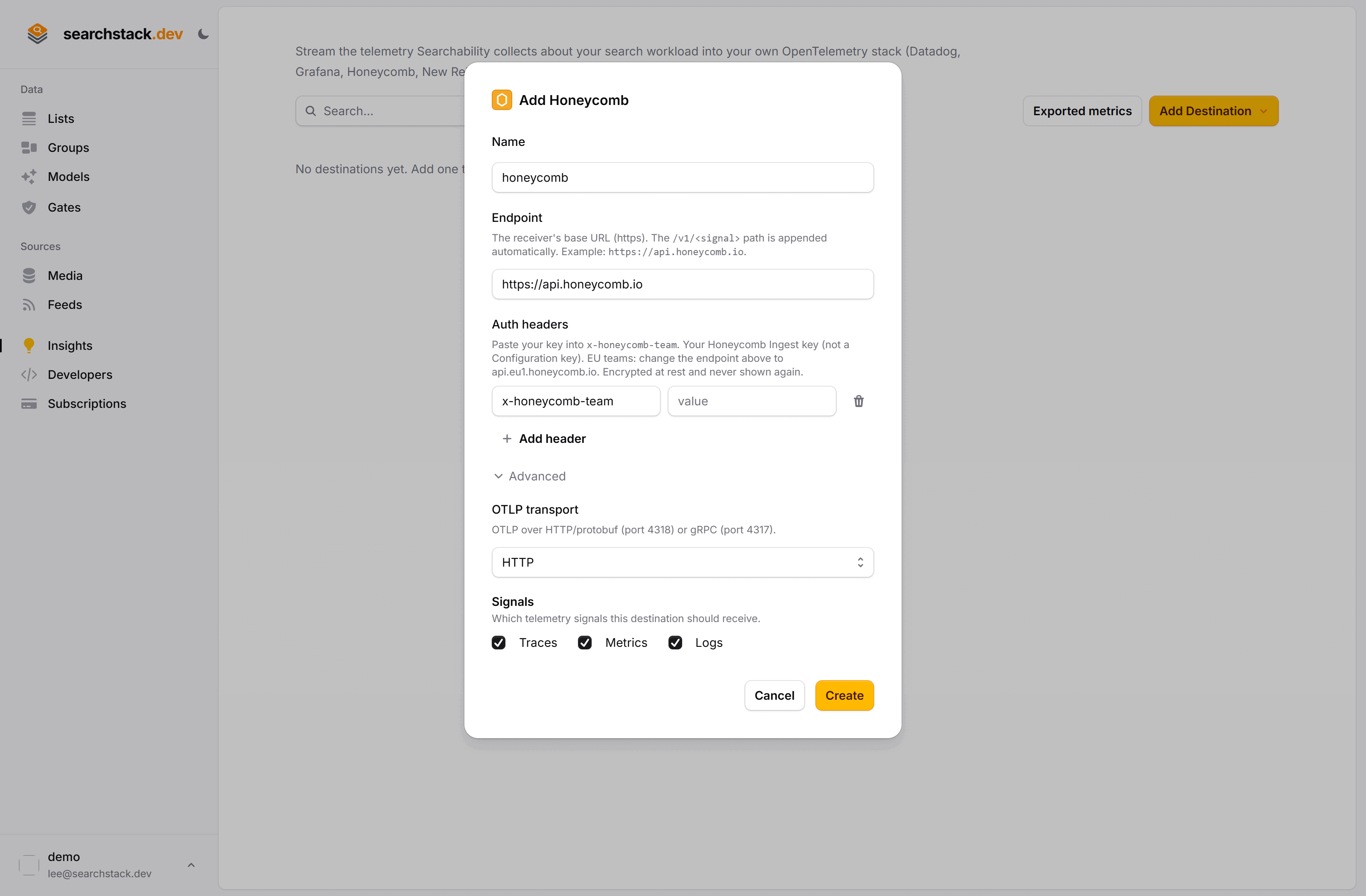 The add-destination dialog