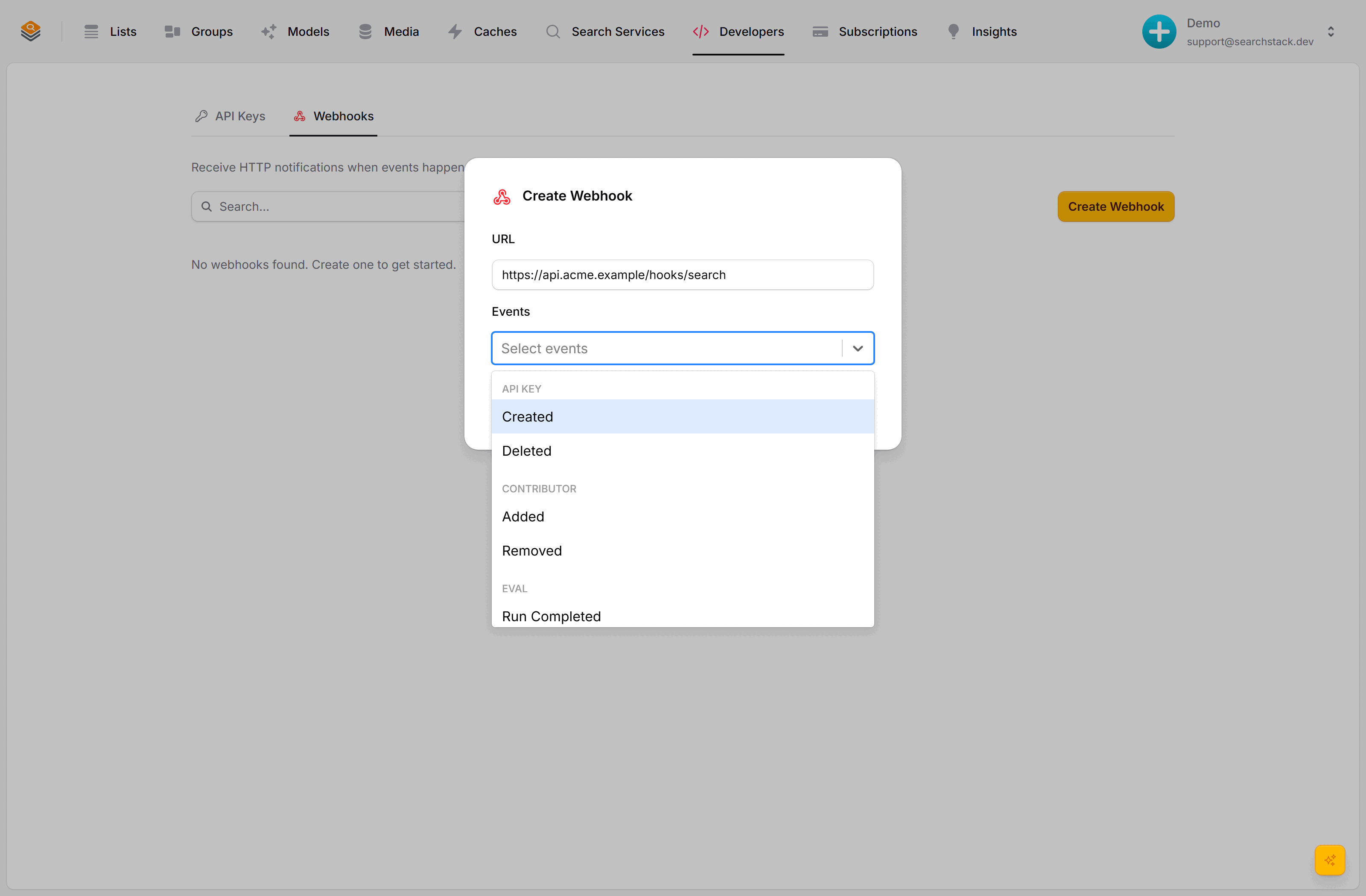 The create-webhook dialog